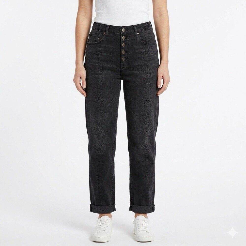 Loft‎ Curvy 90s Straight Jeans Black Button Fly High Rise 31 12 Regular Soft
